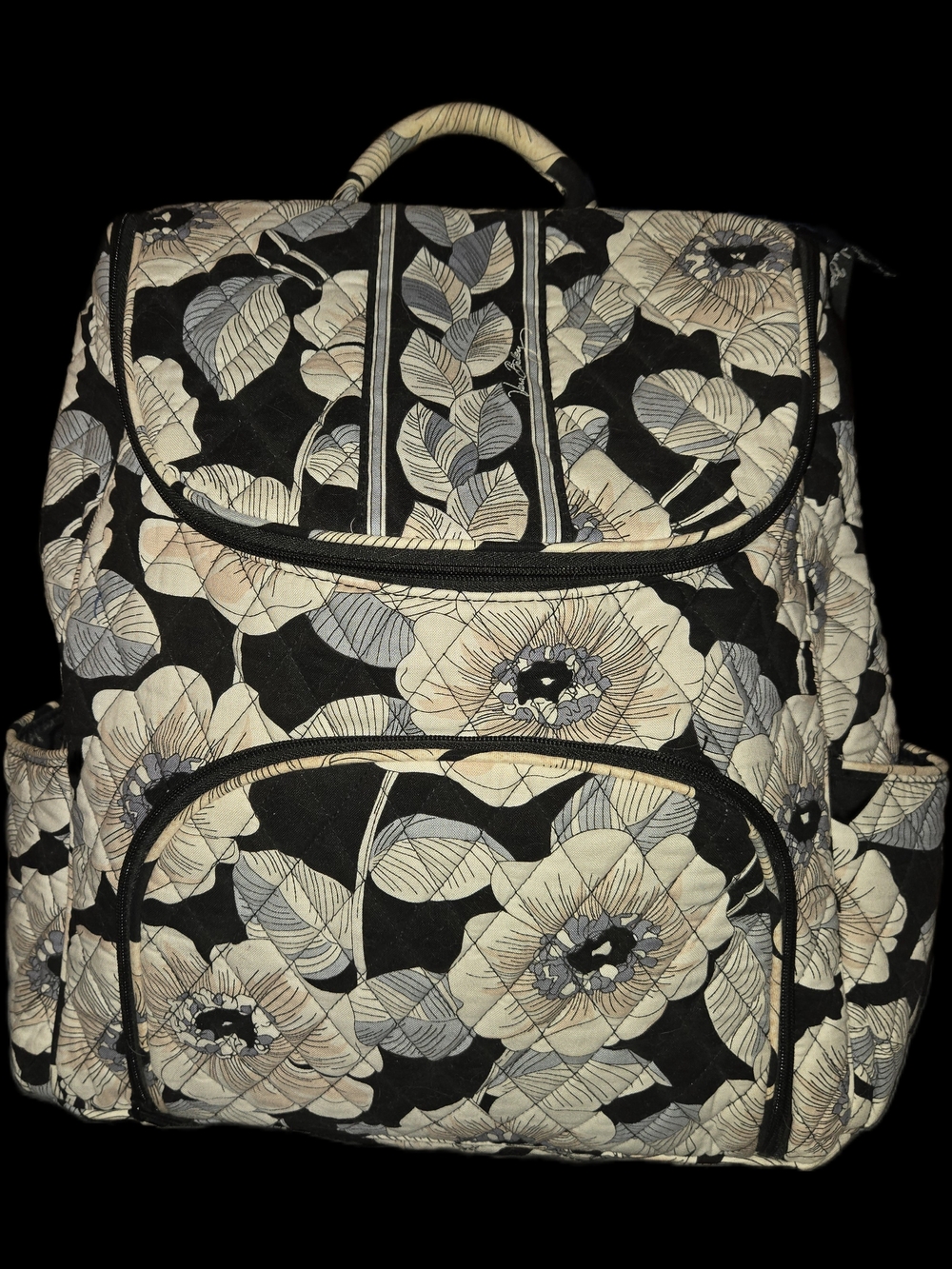Vera Bradley Floral Quilted Backpack in Black, Cream and Gray
